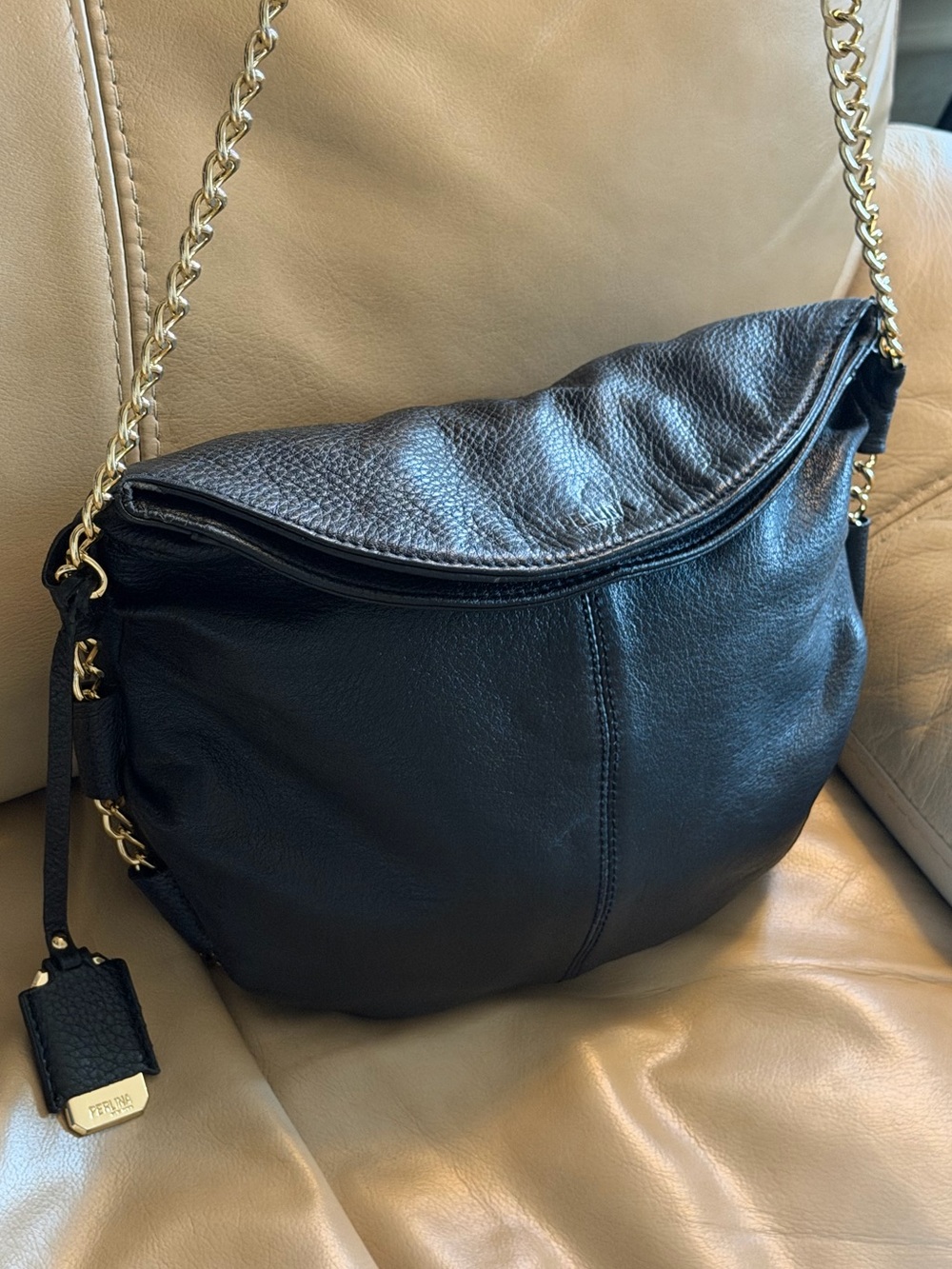 Perlina Black Leather Shoulder Bag with Gold Chain